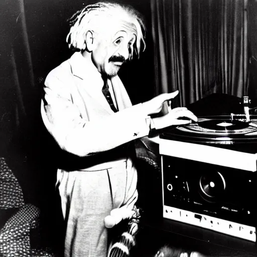 Image similar to color photograph of Albert Einstein DJing a record player at a nightclub, color photograph, color photograph