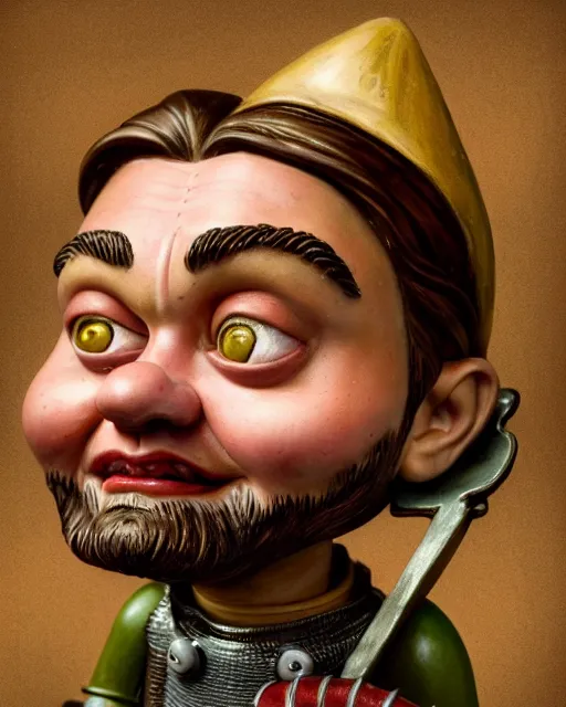 Image similar to highly detailed closeup, face profile portrait of a tin toy leonardo dicaprio as a medieval goblin eating cakes in a castle, hyper realistic, artstation, illustration, nicoletta ceccoli, mark ryden, lostfish, dan decarlo, bob clampett, max fleischer, digital paint, matte paint, vivid colors, detailed and intricate environment