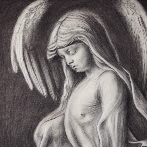 Prompt: a detailed charcoal and graphite drawing of an angel by claude weißbuch, detailed