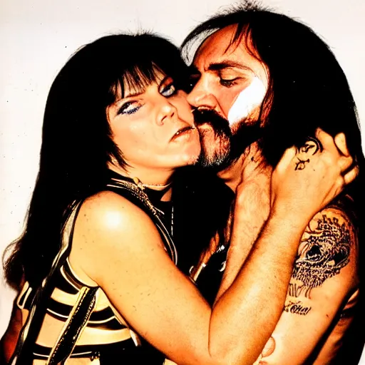 Prompt: Lemmy kissing Samantha Fox, photo