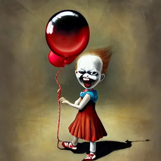 Image similar to grunge cartoon painting of a little girl playing with a jump rope with a wide smile and a red balloon by chris leib, loony toons style, pennywise style, horror theme, detailed, elegant, intricate