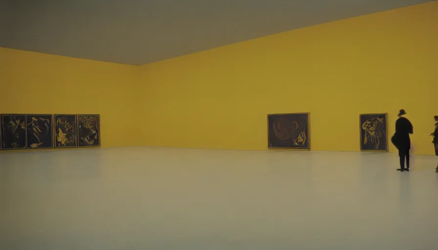 Prompt: 60s movie still of a sovietic stalinist style empty art museum with a soviet congress with yellow wall, super 8 film, liminal Space style, heavy grain