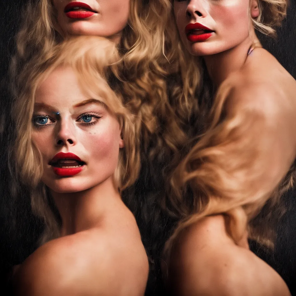 Image similar to portrait photography of Margot Robbie in style of Caravaggio, dramatic colors scheme, fine art photography, dramatic background,