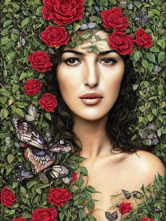 Prompt: a portrait of young Monica Bellucci among the huge David Austin Rose bushes who has baroque dramatic headdress with intricate fractals of butterflies and gemstone tassels,by tom bagshaw and Daveed Benito and Billelis and aaron horkey and peter gric,trending on pinterest,rococo,hyperreal,maximalist,gold,glittering,feminine