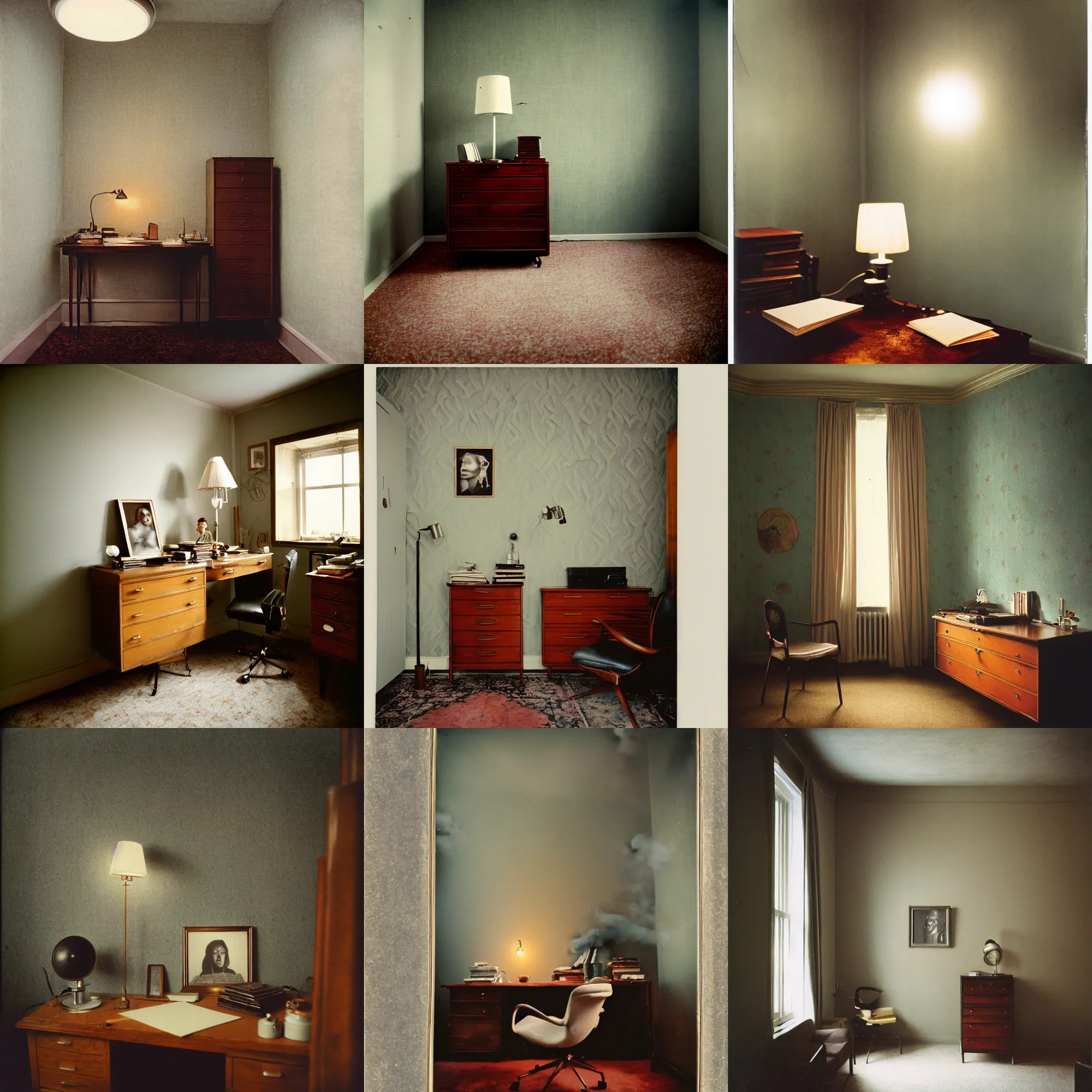 Prompt: kodak portra 4 0 0, wetplate, 8 mm extreme fisheye, award - winning portrait by britt marling of a 1 9 6 0 s private office room, picture frames, shining lamps, dust, smoke 1 9 6 0 s elegant metal furniture, wallpaper, carpet, books, muted colours, fog