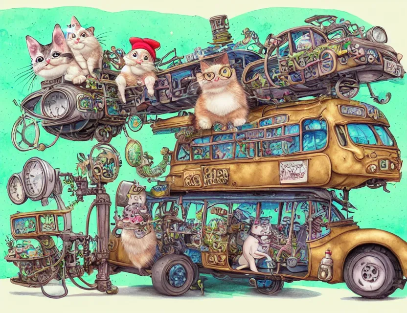 Image similar to cute and funny, a garden gnome driving a steampunk bus, a cat on the roof holding on, ratfink style by ed roth, centered award winning watercolor pen illustration, isometric illustration by chihiro iwasaki, edited by range murata, tiny details by artgerm and watercolor girl, sharply focused