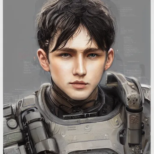 Image similar to portrait of a human by ayami kojima, he is about 2 0 years old, british, manly, straight jaw, black hair, and he is wearing a modern tactical gear, scifi, highly detailed portrait, digital painting, artstation, concept art, smooth, sharp foccus ilustration, artstation hq