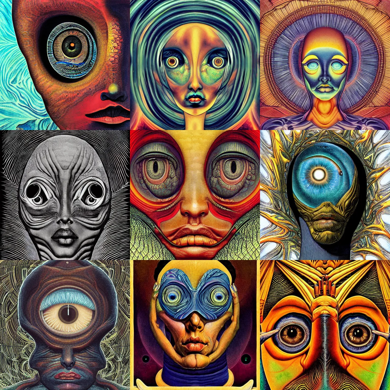 Prompt: a detailed digital art of a highly fashionable extraterrestrial beautiful face large eye alien wearing hawaiian clothing tropical volcano background by william blake and escher, norman rockwell, subtle giger, crisp, sharp focus, centered, cinematic, muted color scheme, award - winning art