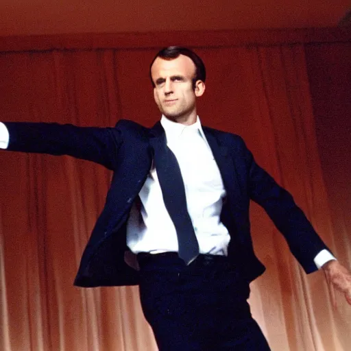 Image similar to Emmanuel Macron dancing in American Psycho (1999)