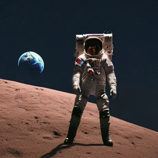 Prompt: cowboy on the moon, standing pose, planet earth background, photorealistic, octane render, blender render, unreal engine, 3 5 mm