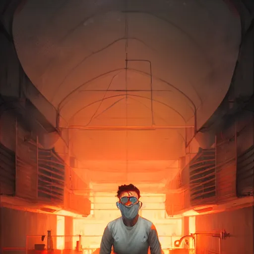 Prompt: commission portrait of a man in an orange jumpsuit,running away from smoke in a laboratory.,character design by charles bowater,greg rutkowski,ross tran,hyperdetailed,hyperrealistic,4k,deviantart,artstation,professional photography,concept art