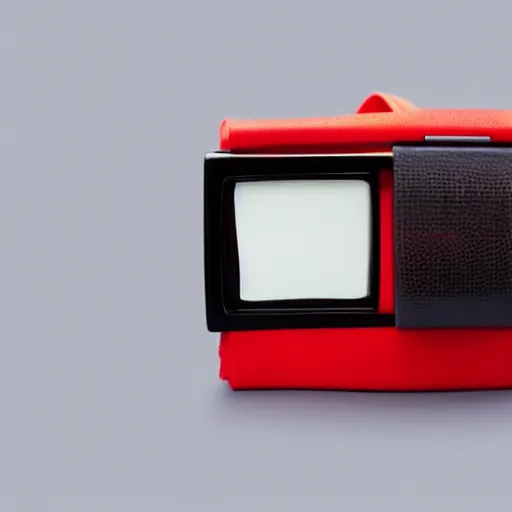 Prompt: a wristwatch from 1 9 8 0 with an old tv screen and a red strap, inspired by hartmut esslinger