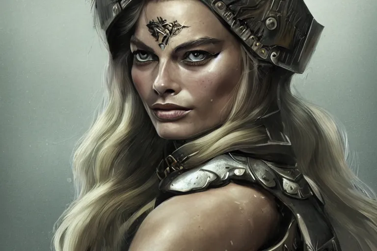 Prompt: a finely detailed portrait of Margot Robbie, clothed in battle armor, olive skin, long dark hair, beautiful bone structure, symmetrical facial features, intricate, elegant, digital painting, trending on Artstation, concept art, smooth, sharp focus, illustration, from Game of Thrones