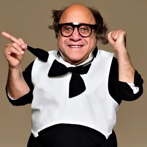 Prompt: Danny Devito wearing a maid outfit, cat ears, and thigh highs