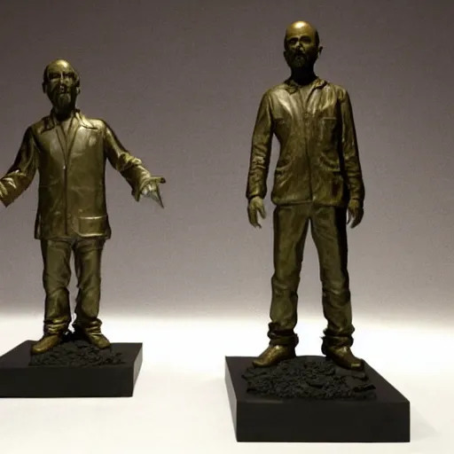 Prompt: walter white and jesse pinkman transformed into inanimate bronze statues