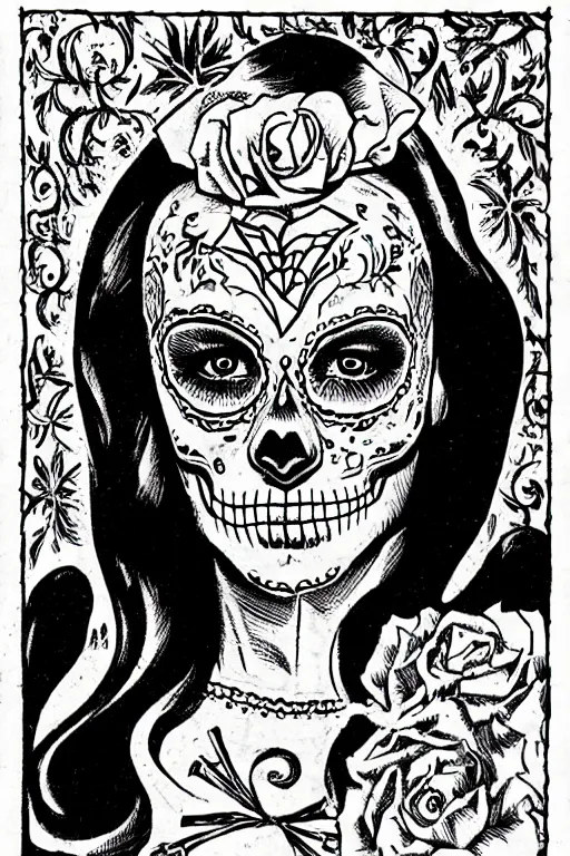 Prompt: illustration of a sugar skull day of the dead girl, art by steve ditko