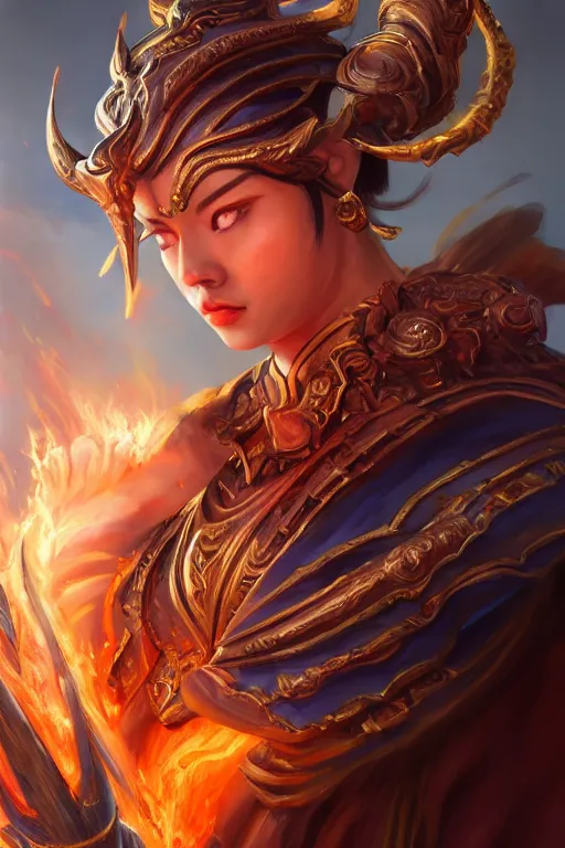 Image similar to a masterpiece portrait of nezha, legendary god holding spear, flame everywhere, epic pose, fantasy character portrait, closeup shot, hyper detailed, digital painting, 8 k realistic, trending on artstation, sharp focus, dof, by fenghua zhong, artgerm, ne zha from smite, jeff easley, raymond swanland