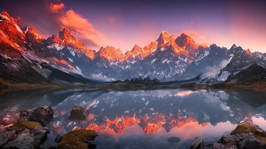 Image similar to amazing landscape photo of mountains with lake in sunset by marc adamus, beautiful dramatic lighting