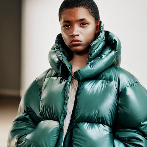 Image similar to realistic! photoshoot for a new balenciaga lookbook, color film photography, portrait of a beautiful woman wearing a puffer jacket, photo in style of tyler mitchell, fisheye lens