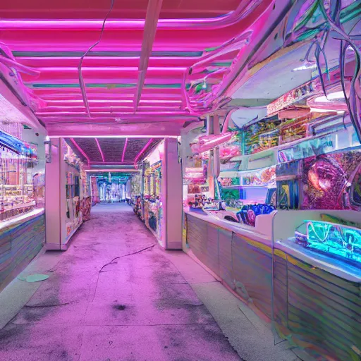 Image similar to biomaterial, architecture, futuristic, neon, pastel colors, hd 8 k, detailed, abandoned, overgrown, candy shop in a mall, candies, spilling