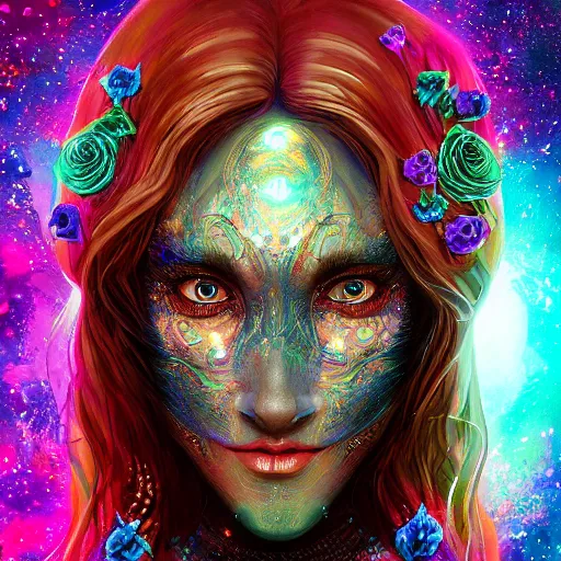 Prompt: Very very very very highly detailed mystic, enigmatic, strange portrait with galaxy, roses, shark's teeth, intricate, extremely detailed, digital painting, artstation, concept art, smooth, sharp focus, illustration, intimidating lighting, incredible art,