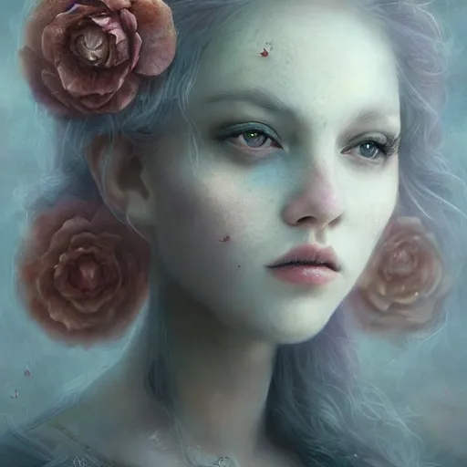 Image similar to a gorgeous flower princess portrait by Seb McKinnon, artgerm , v-ray render, ultra realistic, mystical, ominous, cgsociety
