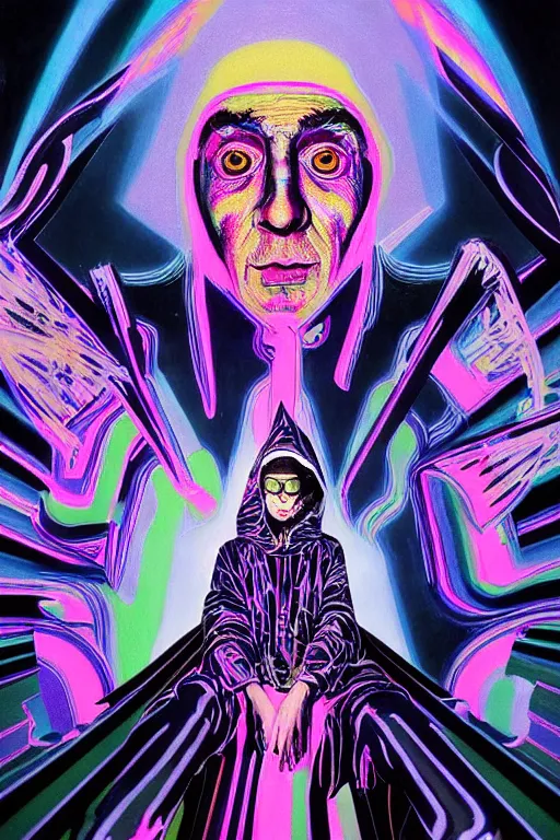 Image similar to a highly detailed beautiful masterpiece portrait painting of a technomancer wizard in dazzle camouflage robes with pointed hood facetiming his AI djinn hologram in his laboratory near a holographic super-computer by Remedios Varo and Anato Finnstark and Greg Rutkowski and Andy Warhol, dayglo pink, dayglo blue, prismatic, pearlescent white, raven black, glowing, hyperrealism, 8k, trending on ArtStation, rendered in Octane, rendered in Unreal engine, award winning, volumetric lighting
