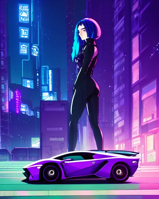 Image similar to digital illustration of cyberpunk pretty girl with blue hair, standing in front of a purple lamborghini, in city street at night, by makoto shinkai, ilya kuvshinov, lois van baarle, rossdraws, basquiat