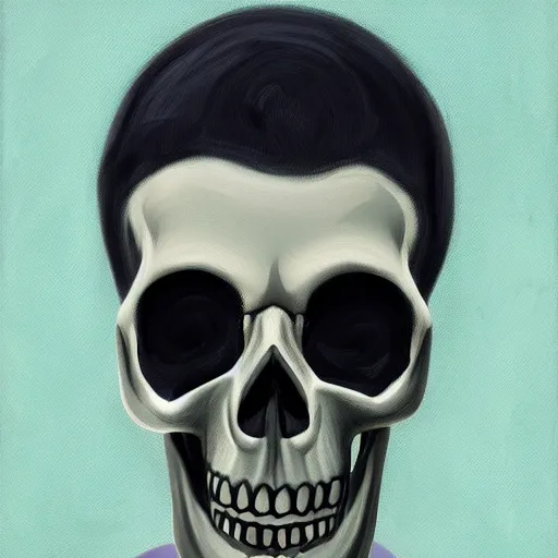 Prompt: a portrait painting of a man with a skull as his head, in the style of stephen gibb, 4 k,