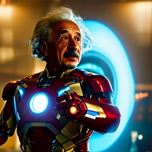 Image similar to albert einstein as tony stark in ironman, cinematic lighting, dramatic, octane render, long lens, shallow depth of field, bokeh, anamorphic lens flare, 8 k, hyper detailed, 3 5 mm film grain