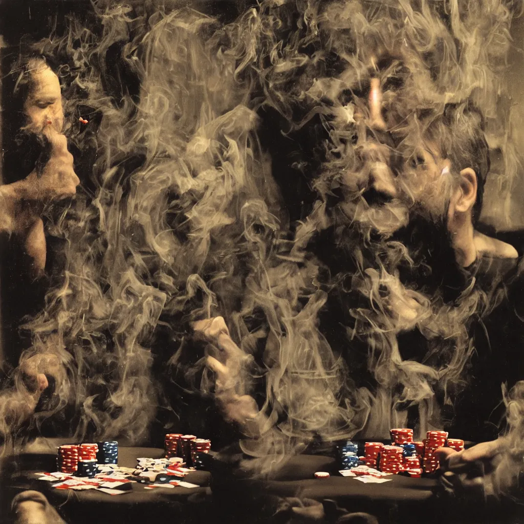 Image similar to bill hicks smoking playing poker. vivid colors, by GREgory crewdson, nicola samori and jenny saville