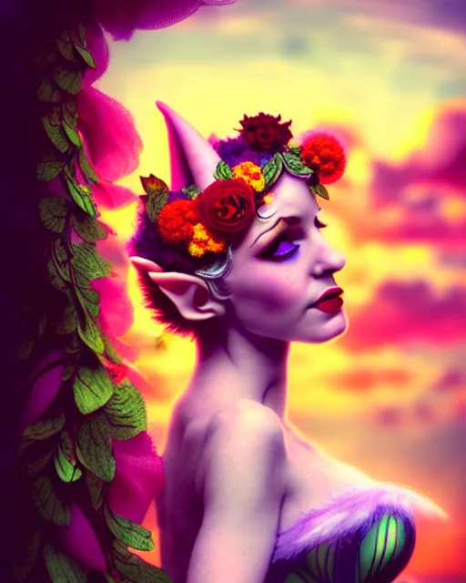 Image similar to photot of burlesque elf, flowers in hair, fantasy character portrait, soft clouds, floral sunset, ultra realistic, concept art, intricate details, art nouveau, cinematic, highly detailed