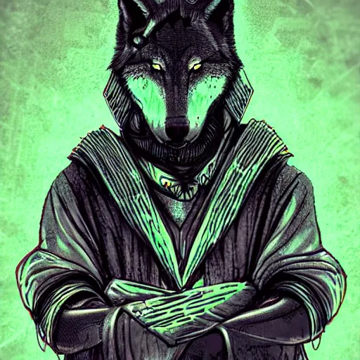 Image similar to wolf headed shaman, meditating, floating, angry, cyberpunk, junkyard, neon glow, electric glow, dark dynamic lighting