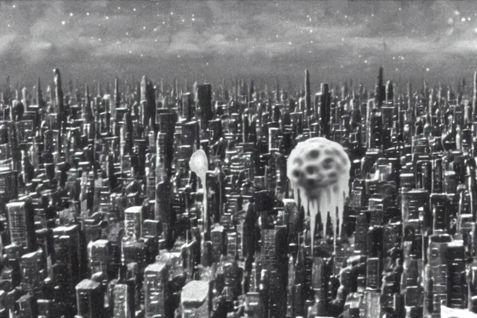 Image similar to still image taken from sci fi horror movie of a giant icosahedral phage attacking a city. low camera angle. 1 9 6 0.