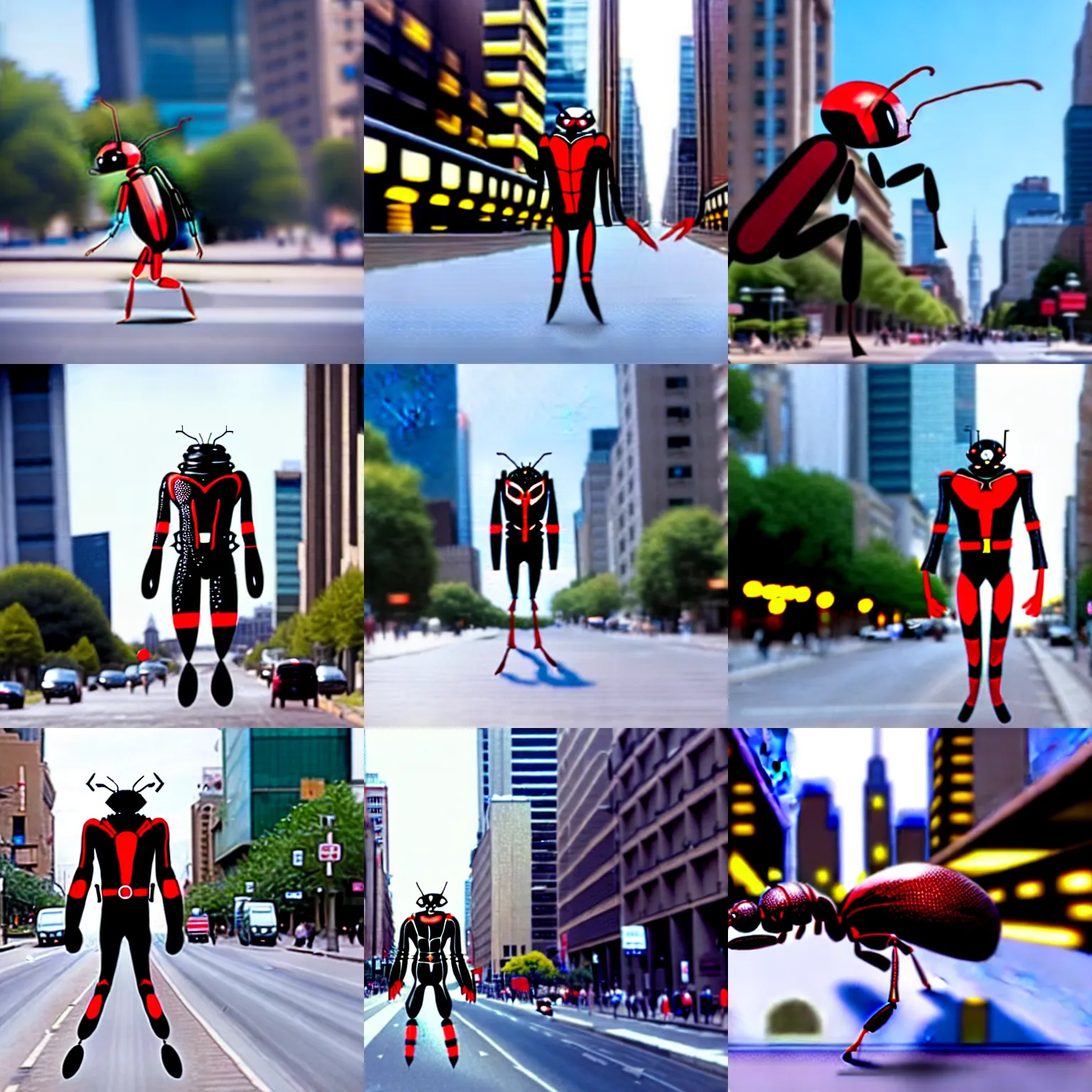 Prompt: giant ant - man walking through a city