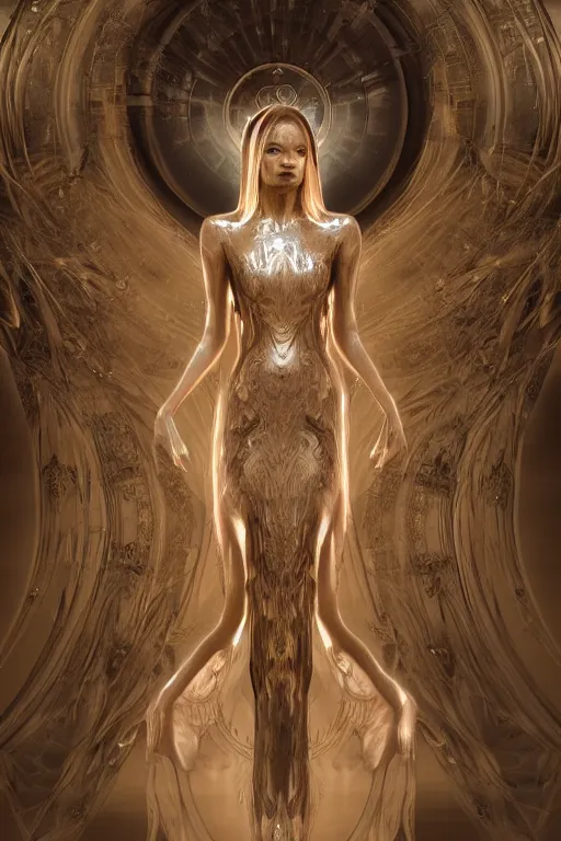 Prompt: a realistic moody photo of a beautiful ancient alien woman goddess kate moss kali standing in iris van herpen dress jewelery and fractals in style of alphonse mucha art nuvo dmt trending on artstation made in unreal engine 4