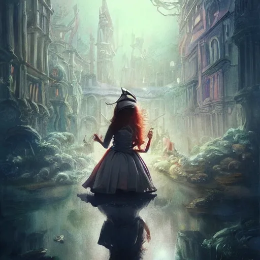 Image similar to portrait of alice in wonderland, dramatic lighting, city background, chiaroscuro, high detail, painted by greg rutkowski, painted by igor kieryluk, painted by bobby chiu, trending on artstation