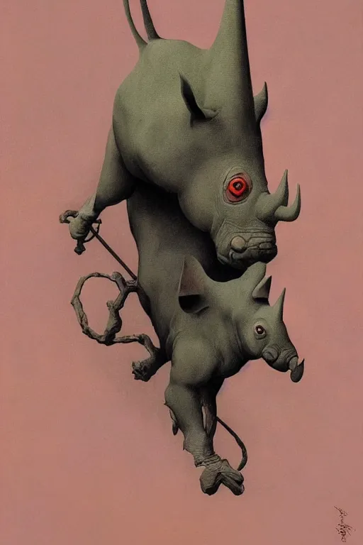 Image similar to painting of cross between parrot & rhino, intercrossed animal, by zdzislaw beksinski, by tiffany bozic, cold hue's, warm tone gradient background, concept art, beautiful composition, digital painting,