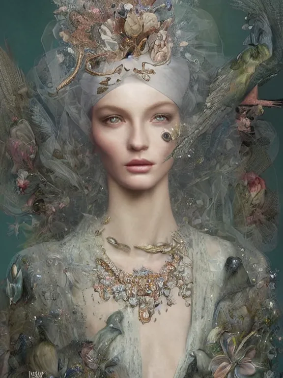 Prompt: realistic 3d character render of a beautiful model in the bergdorf goodman windows, veiled, avian-inspired,by tom bagshaw and Ekaterina Belinskaya and marie spartali Stillman and Marianne North and William Morris and Billelis,trending on pinterest,GUCCI,DIOR,highly detailed,maximalist,glittering,feminine