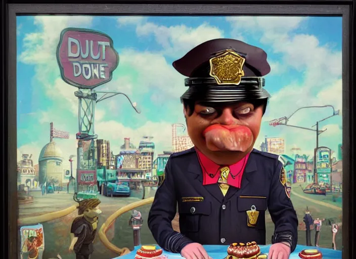 Image similar to a donut head police officer, lowbrow, matte painting, 3 - d highly detailed, in the style of mark ryden,