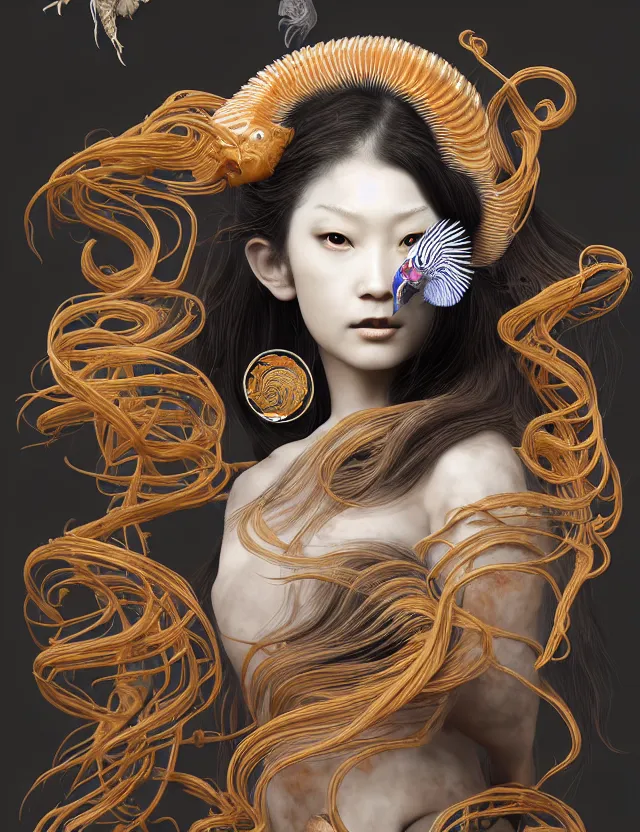 Image similar to 3 d goddess half - turn portrait with long hair with ram skull. beautiful intricately detailed japanese crow kitsune mask and clasical japanese kimono. betta fish, jellyfish phoenix, bio luminescent, plasma, ice, water, wind, creature, artwork by tooth wu and wlop and beeple and greg rutkowski