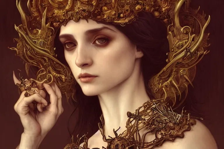 Prompt: a portrait of the bone queen, intricate, morbid, horrific, highly detailed, digital painting, crown of skulls, artstation, concept art, smooth, sharp focus, illustration, art by artgerm and greg rutkowski and alphonse mucha and william - adolphe bouguereau