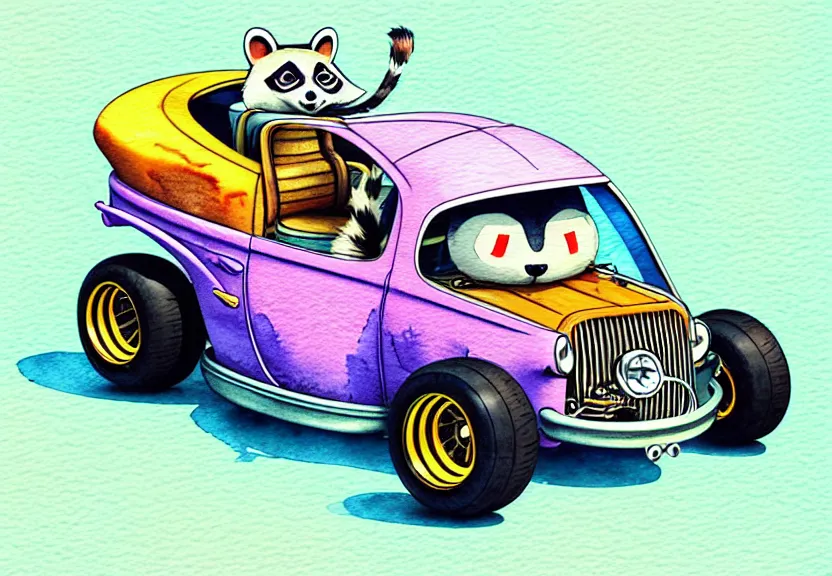 Image similar to cute and funny, racoon riding in a tiny hot rod coupe with oversized engine, ratfink style by ed roth, centered award winning watercolor pen illustration, isometric illustration by chihiro iwasaki, edited by beeple