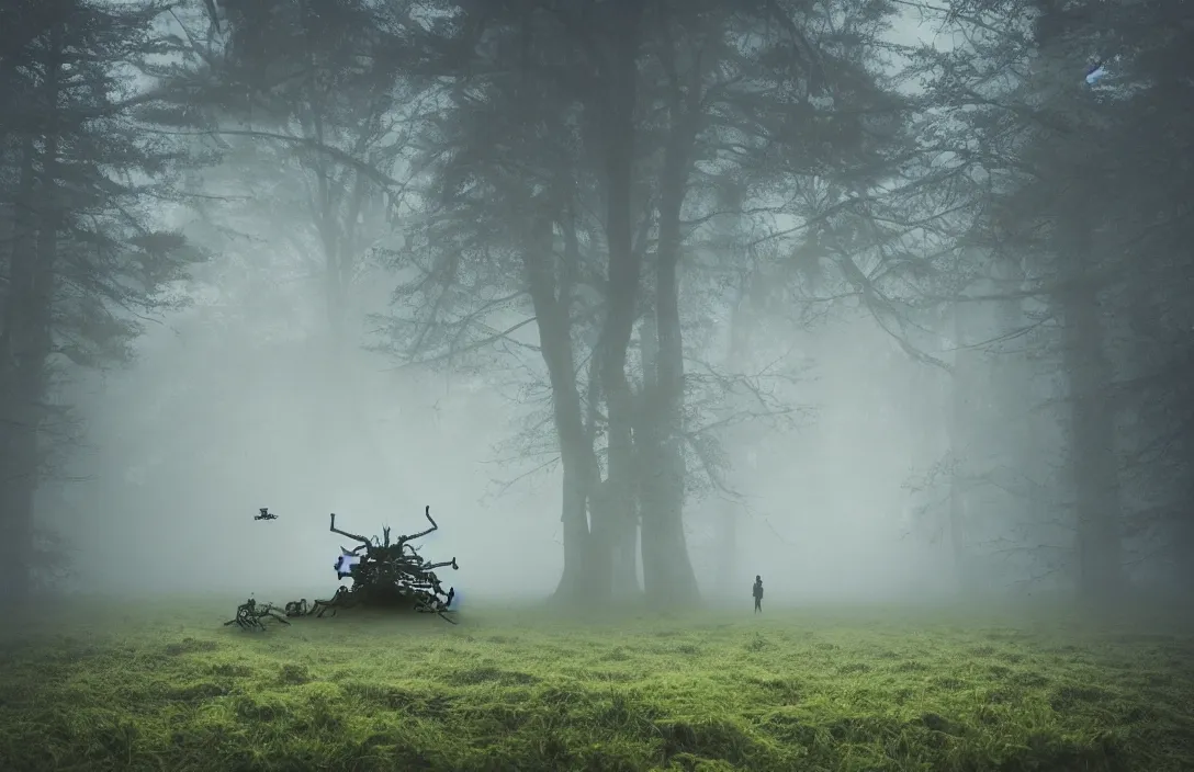 Prompt: beautiful landscape shot with spider robots walking through mist, atmospheric, fog, atmospheric perspective, beautiful, German forest, wide angle, photorealistic, concept art