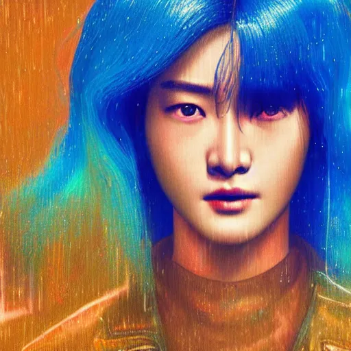 Image similar to a film still of jun ji hyun in bladerunner 2 0 4 9 in the rain with blue hair, cute - fine - face, pretty face, cyberpunk art by sim sa - jeong, cgsociety, synchromism, detailed painting, glowing neon, digital illustration, perfect face, extremely fine details, realistic shaded lighting, dynamic colorful background