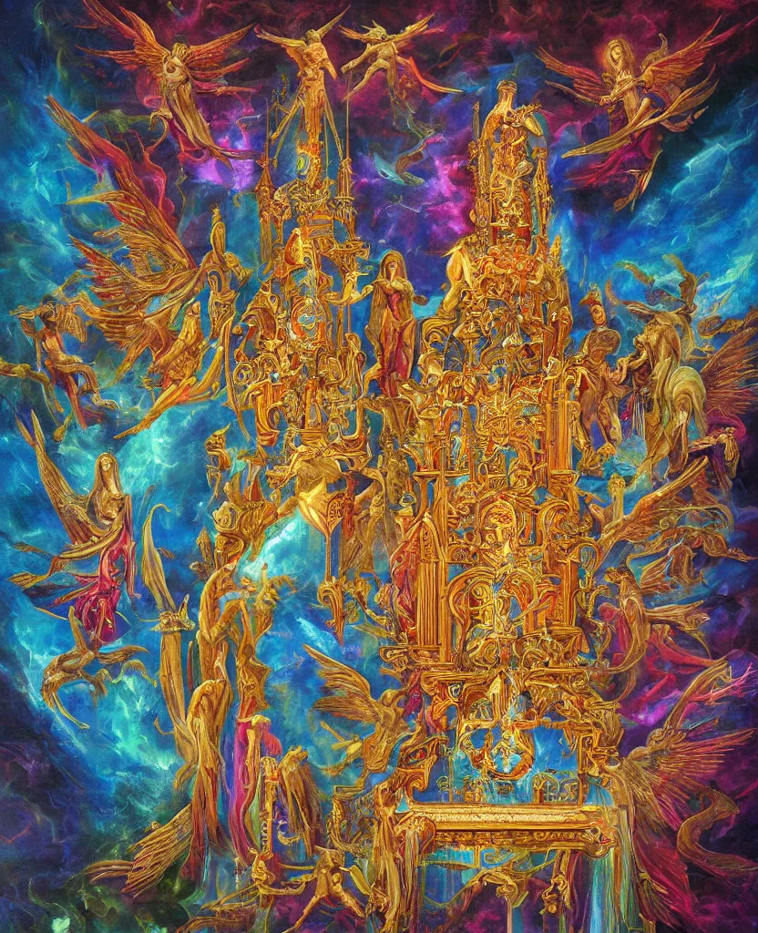 Image similar to holy throne of the gnostic god, award winning oil painting, iridescent aberration celestial color palette