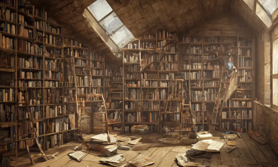 Image similar to old decrepit attic filled with bookshelves by Greg Rutkowski, ArtStation, CGSociety, ultra realistic, ray tracing, 3d render, HDR, Unreal Engine