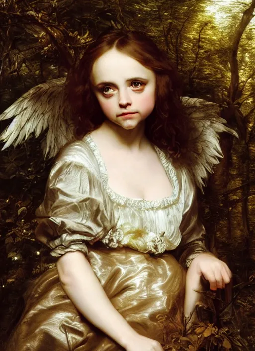 Image similar to Beautiful angel teenager, Looks like Christina Ricci, In the woods, Dramatic, Edge, Good, Infused, Backlight, De-Noise, VFX, insanely detailed and intricate, hypermaximalist, elegant, ornate, hyper realistic, super detailed, by Anthony Van Dyck, by Ivan Shishkin, by John Constable