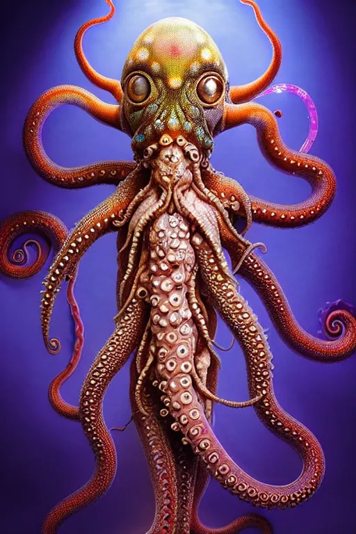 Prompt: A full body shot of a cute young humanoid monster wearing an ornate dress made of opals and tentacles on the ocean floor. Subsurface Scattering. Dynamic Pose. Translucent Skin. Caustics. Prismatic light. defined facial features, symmetrical facial features. Opalescent surface. Soft Lighting. beautiful lighting. By Giger and Ruan Jia and Artgerm and WLOP and William-Adolphe Bouguereau and Loish and Lisa Frank. Fantasy Illustration. Sailor Moon. Masterpiece. trending on artstation, featured on pixiv, award winning, cinematic composition, dramatic pose, sharp, details, Hyper-detailed, HD, HDR, 4K, 8K.
