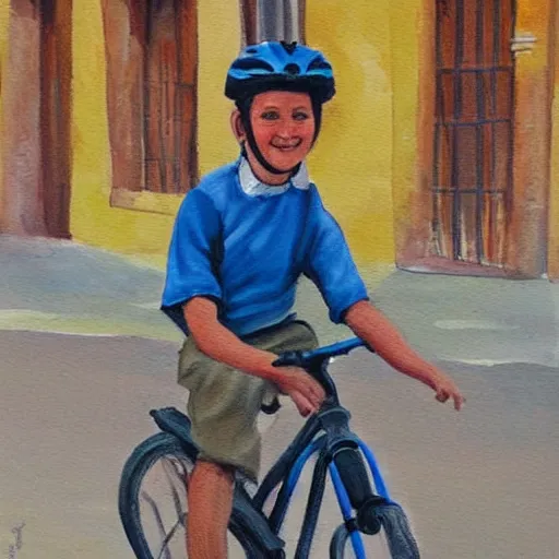 Image similar to a painting of a boy riding a bicycle in spain